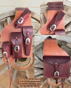 three different views of a brown leather case on a wooden chair with metal hardwares