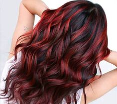 Brunette Pop Of Color, Red Hair With Black Roots, Vivid Color Hair, Black Hair Curls, Hidden Hair Color, Red Balayage Hair, Dark Red Hair Color