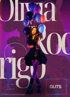 a girl with balloons on her head is standing in front of a purple and blue poster