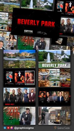 the poster for beverly park is shown with many different pictures and words on it, including people