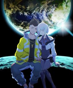 two anime characters sitting on the ground in front of a planet