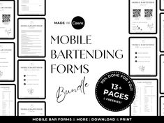 the mobile bartending forms bundle is shown in black and white