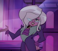 an animated character with white hair and blue eyes, wearing a purple outfit while standing in front of a window