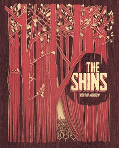 the shins poster with trees and birds in red, black and yellow colors on a dark brown background