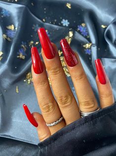 Red Nails With Glitter Ring Finger, Natural Nail Shapes, Red Nails Glitter, Acrylic Ideas, Long Stiletto, Red Acrylic Nails, Red Nail Designs, Nail Sets, Nails 2023