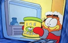 an image of a cartoon character with ice cream in front of a microwave oven that says ice cream