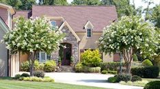 a house with trees and bushes in front of it