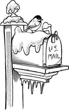 a mailbox with a bird sitting on top of it and icing all over the outside