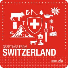 greetings from switzerland with icons and symbols in white on a red background, including the swiss flag