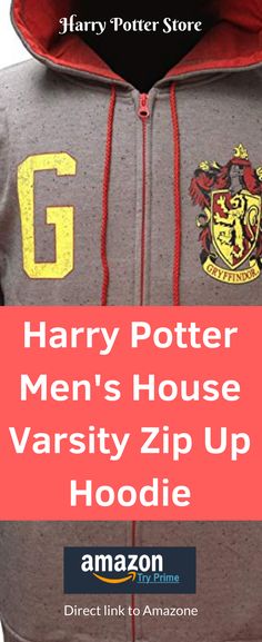 the harry potter men's house varsity zip up hoodie is shown in red and grey