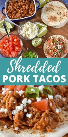 shredded pork tacos with tomatoes, onions and cheese on top are shown in this collage