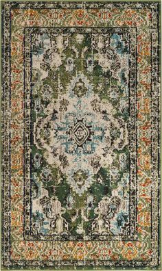 an area rug with green and orange colors