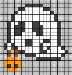 an image of a pixellated skull on a black and white background with orange eyes