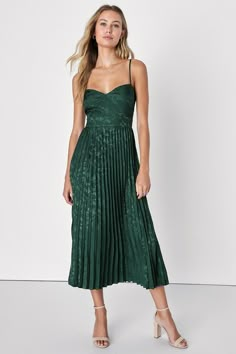 Regal Romance Emerald Floral Jacquard Pleated Satin Midi Dress Green Semi Formal Dress, Midi Dress Wedding, Midi Dress Wedding Guest, Sew Dress, Wedding Guest Attire, Wedding Guest Outfits, Dress Pleated, Guest Attire, Stylish Party Dresses