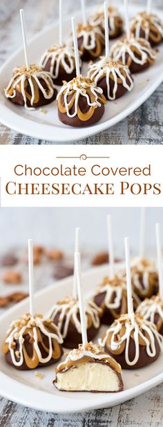 chocolate covered cheesecake pops on a white plate