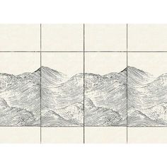 an image of mountains and clouds in black and white ink on paper, with grids over them