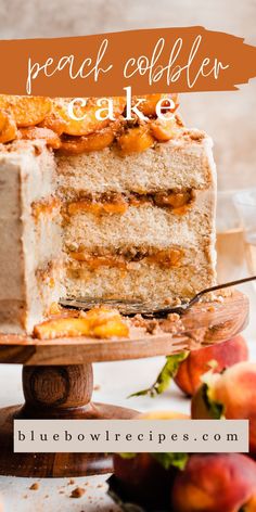 a close up of a slice of cake with the words peach cobbler cake on it