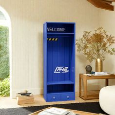 a blue locker sitting in the middle of a living room