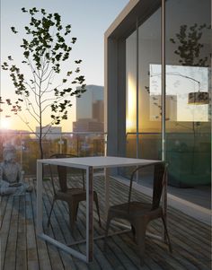 the table and chairs are on the wooden deck overlooking the cityscape at sunset