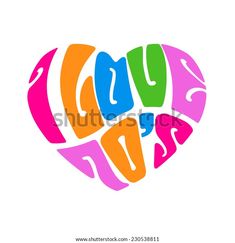 the word love is written in colorful letters on a white background with an abstract heart shape