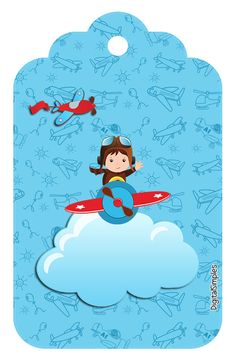 an airplane with a girl on it flying in the sky above clouds and other airplanes