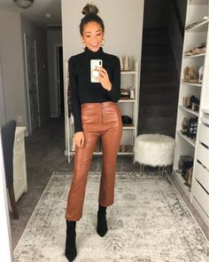 Check out this look I found on LIKEtoKNOW.it http://liketk.it/2XoCX Download the LIKEtoKNOW.it app to see! Outfits With Black Booties, Camel Color Outfits, Tan Pants Outfit, Leather Pants Outfit Winter, Brown Leather Pants Outfit, Leather Trousers Outfit, Faux Leather Leggings Outfit, Faux Leather Outfits, November Fashion