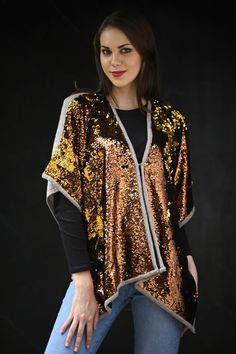 Dual Tone Copper Gold Sequin and Taupe Melange Knitted Fine Wool Cape Gold Shawl For Fall, Wool Cape, Gold Sequin, Fall Collections, Summer Collection, Occasion Wear, Cape, Casual Wear, Sequin