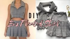 a woman wearing a skirt and shirt with the words diy, best pleated skirt