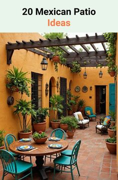 an outdoor patio with potted plants and chairs