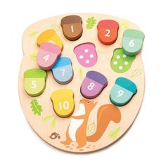 a wooden toy with numbers and animals on it