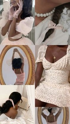 a collage of photos showing different women in dresses and pearls, with one woman looking at herself in the mirror