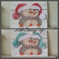 two pictures of an owl with a santa hat on, and the same picture is made out of wood