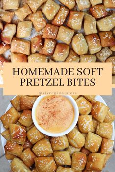 homemade soft pretzel bites on a platter with dipping sauce in the middle