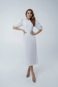 Fabric: Crepe Viscose 50%, Polyester 40%, Elastane 10% Round neckline Puff sleeves Short sleeves Zipper on back Midi length Midi Dresses With Sleeves, Puff Sleeve Midi Dress, White Dresses For Women, Puff Sleeve Dresses, Satin Mini Dress, Sleeve Midi Dress, White Midi Dress, Casual Summer Dresses, Mini Dress With Sleeves