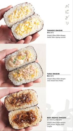 the instructions for how to make sushi rolls with rice and other toppings on them