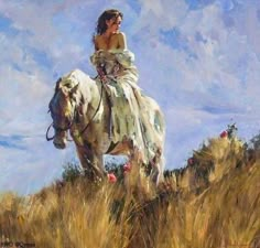 a painting of a woman sitting on top of a white horse in a grassy field