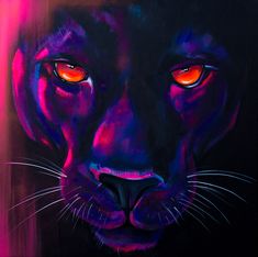 a painting of a black panther with red eyes and orange glowing eyes on it's face