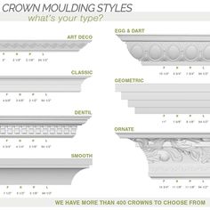 Increase the value of your home and transform ordinary to interesting with over 400 designs, we have something to match every decor style. Renovate a room or two faster and easier than before with our lightweight durable urethane crown mouldings. Compared to traditional trim materials, our products give you the look and feel of authentic wood or plaster for less. Factory primed, it comes ready for paint, gel stain, or faux finish; making it ideal for a variety of interior and exterior applicatio Cove Crown Molding, Chair Rail Moulding, Moulding Profiles, Beaded Crown, Leaf Crown, Crown Moulding, Panel Moulding, Raku Pottery, Chair Rail