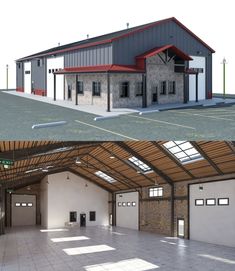 two pictures side by side of an empty garage and the inside of a large building