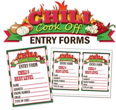 the chili cook off entry forms are shown in red and green with flames on it