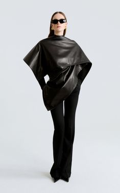 Edra Leather Cape By Nour Hammour | Moda Operandi Parisian Winter, Aesthetic Wear, Leather Scarf, Cape Scarf, Branded Outfits, Fashion Silhouette, Clothing Details, Fashion Inspiration Design, Shearling Coat