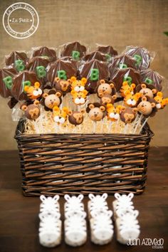 a basket filled with lots of chocolate covered animals