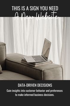 a laptop sitting on top of a couch with the words data driven decision in front of it