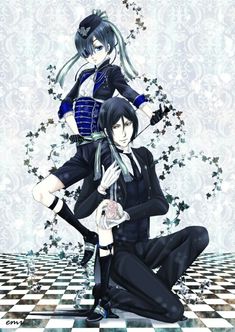 two anime characters sitting next to each other on top of a checkerboard floor