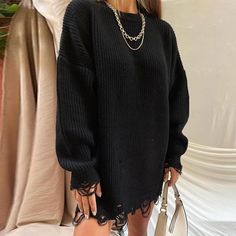 Casual Fashion Korean, Loose Sweater Dress, Ripped Sweater, Green Sweater Dress, Sweater Dress Casual, Sweater Dress Oversized, Pull Oversize, Winter Trends, Mini Sweater Dress