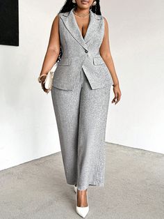 Plus Size Casual Vest And Trousers Suit Set, Autumn Grey Elegant    Plain,All Over Print  Non-Stretch  Women Plus Clothing, size features are:Bust: ,Length: ,Sleeve Length: Plus Size Business Attire, Vest And Trousers, Plus Size Business, Linen Suit, Casual Vest, Fashion Mistakes, Style Mistakes, Suit Set, Business Attire