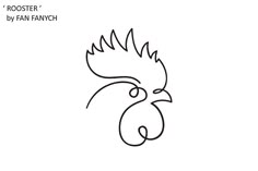 the rooster is drawn in black and white with an outline on it's face