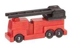 a wooden toy fire truck is shown on a white background