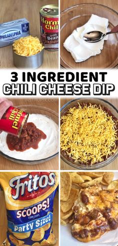 the ingredients for chili cheese dip are shown in four different pictures with text overlay