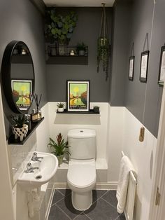 a white toilet sitting in a bathroom next to a sink under a mirror and potted plants